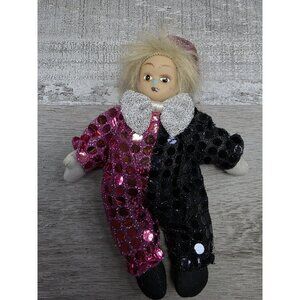 Vtg Forlorn Face Porcelain Clown Doll in Purple Black Outfit Mini Baby 7" G7b